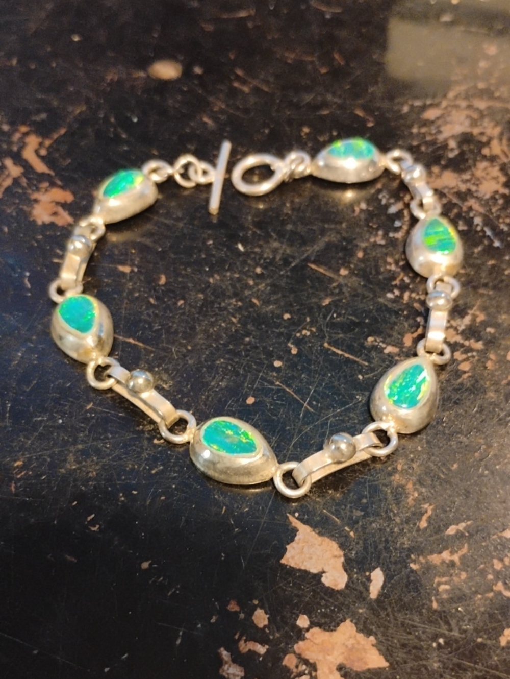 Vintage Teardrop Opal Bracelet in Silver with Green Play-of-Color